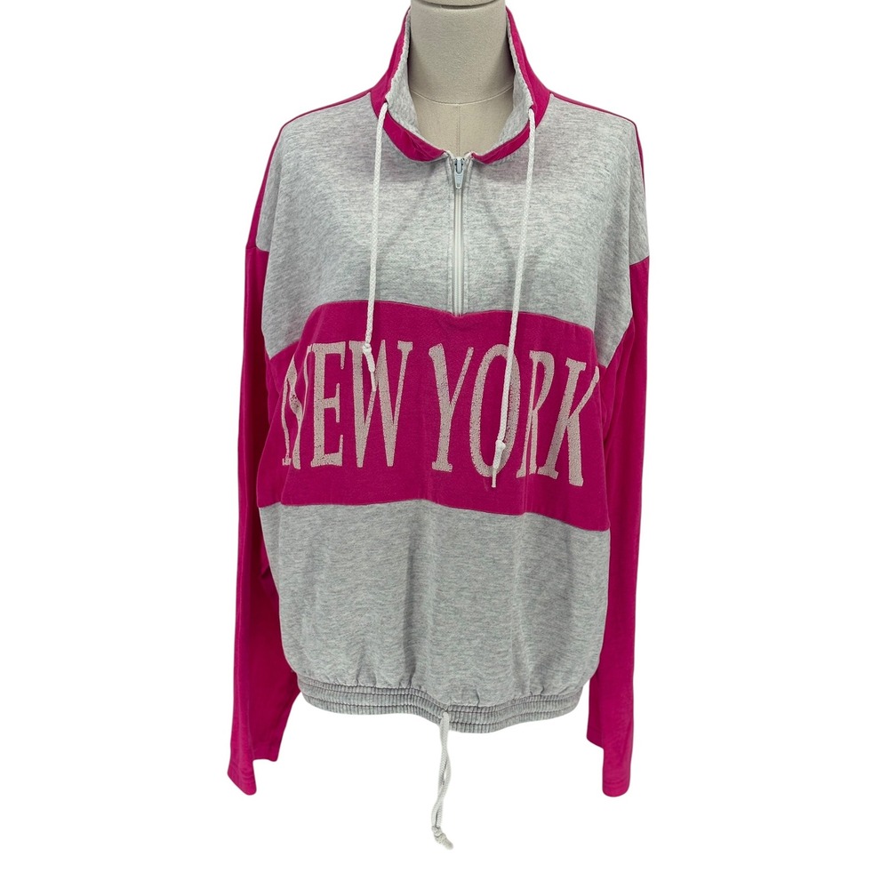 Sun Triangle Pullover Pink Grey Vintage New York Graphic Quarter Zip L-XL